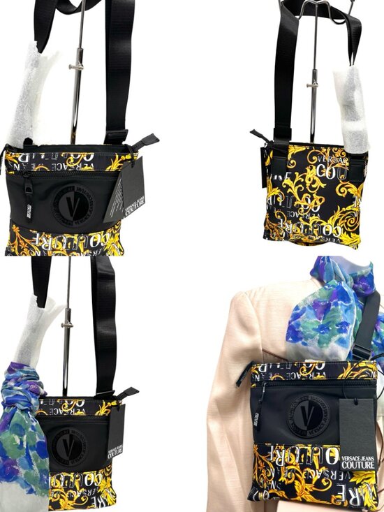 Versace Jeans Couture Handbags - VERSACE JEANS COUTURE Shoulder Bag Black Gold White Logo+Free Chiffon Scarf(11